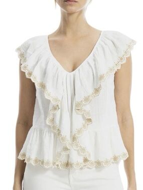 Max Studio‎ Embroidered Ruffle Sleeve V- Neck Top Size L